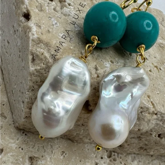 Turquoise & Keshi Baroque Pearl Dangles - Picture 2 of 9